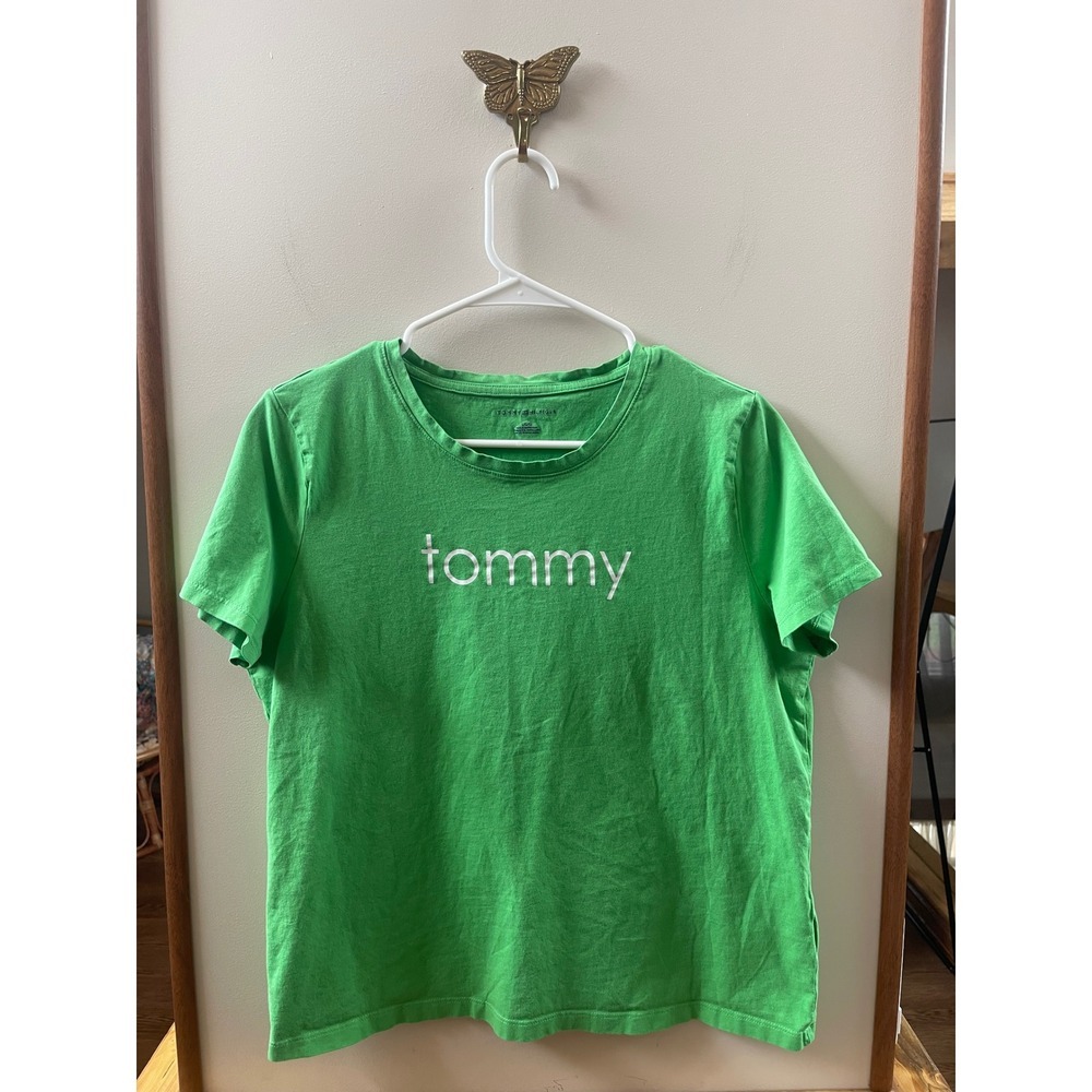 Y2K Tommy Hilfiger Graphic Tee Women's Large Green Short Sleeve Cotton Logo